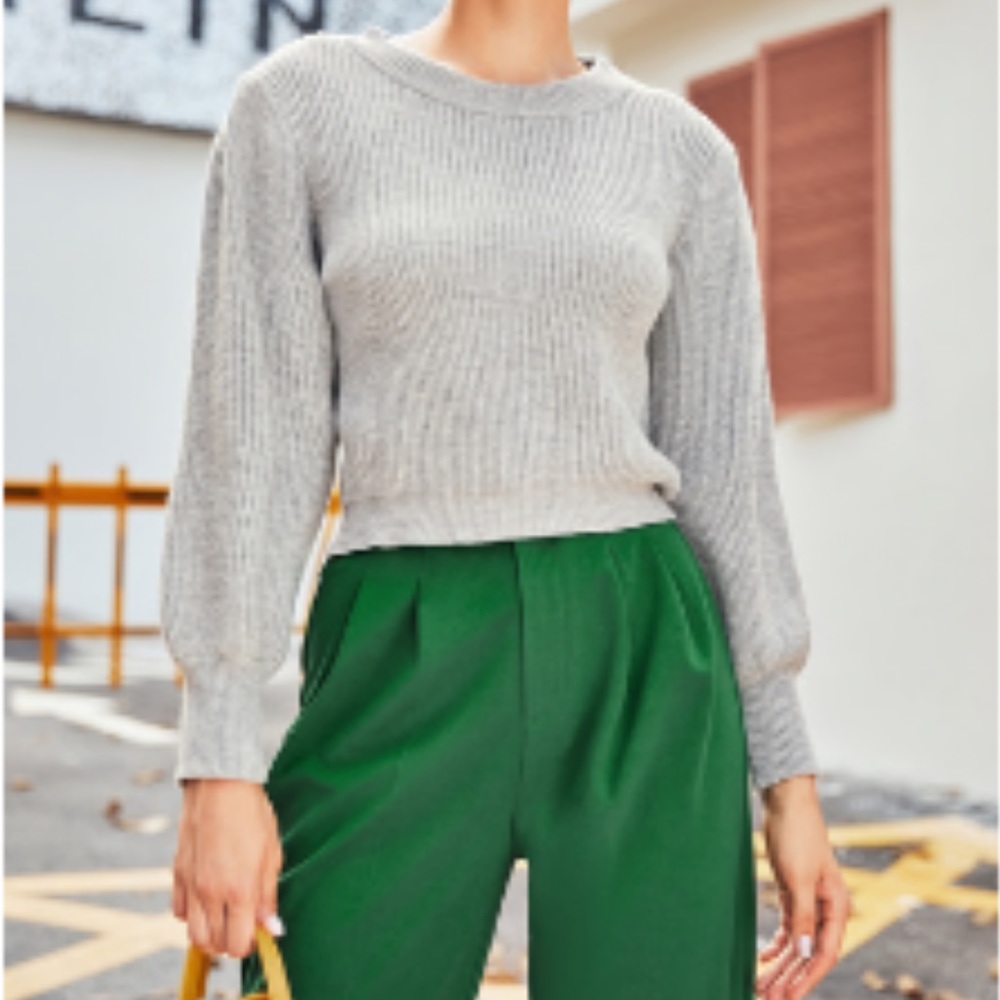 Women’s Chunky Knit Grey Puff Sleeve Cropped Sweater